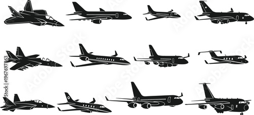 Black and white airplane silhouettes collection, various aircraft including jet fighters and passenger planes, aviation transport illustration isolated on white background vector set