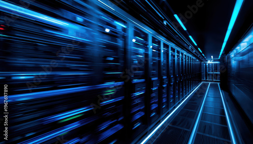 Wallpaper Mural Futuristic data center corridor with glowing blue server racks and motion blur Torontodigital.ca