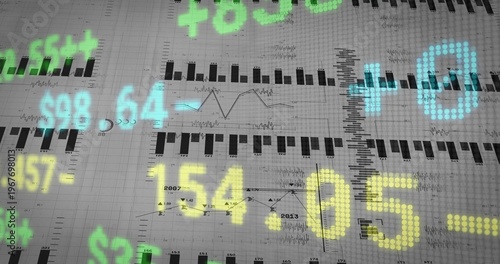 Displaying colored translucent digits covering grid paper with bar graphs, axes, year marks