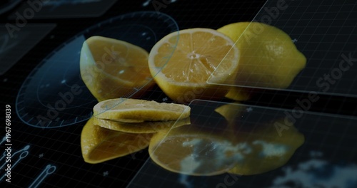 Displaying yellow lemons resting on glossy studio tabletop, with digital HUD overlay and knife