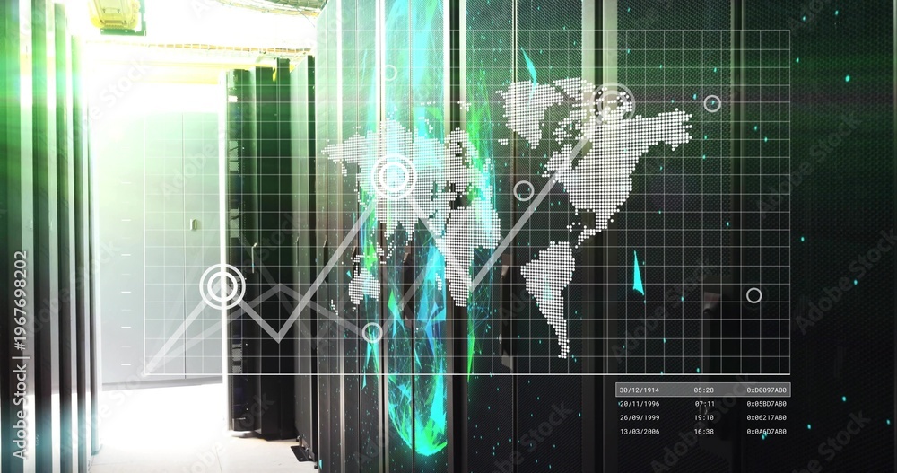 Fototapeta premium Projecting holographic world map over central server racks inside data center, doorway left
