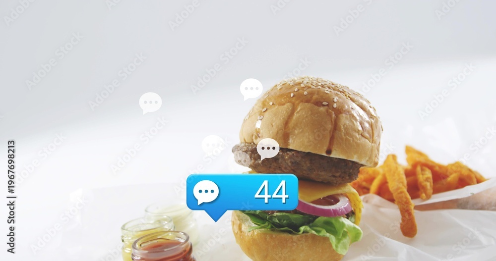 Obraz premium Showing cheeseburger sitting on parchment at tabletop studio with fries, jars and blue 44 bubble