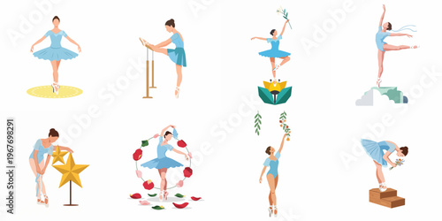 Set of eight flat vector illustrations depicting a ballerina in light blue costume performing various dance poses and stretches with floral and celestial elements.