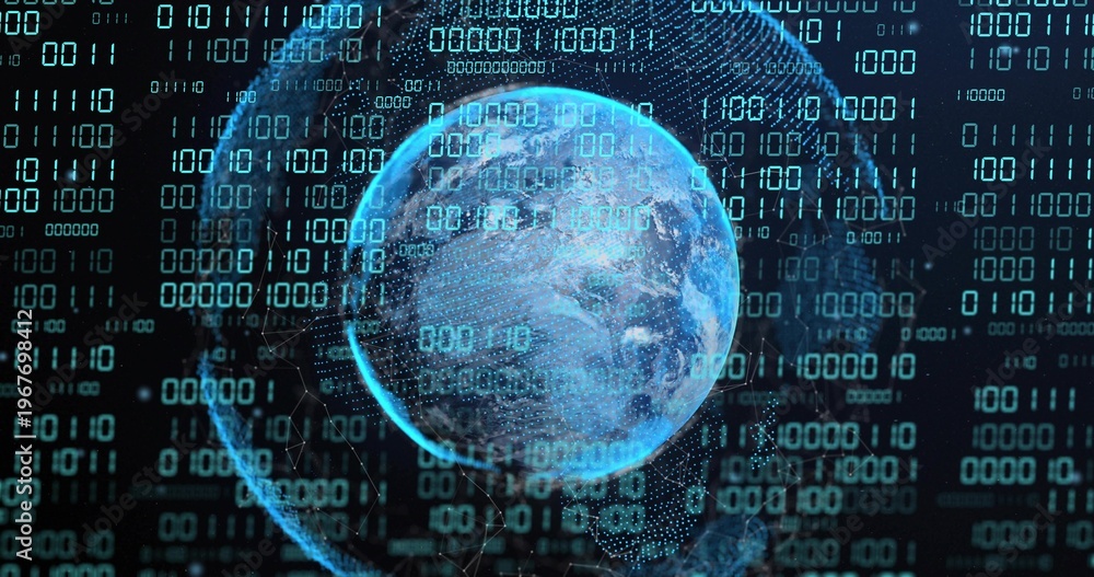 Fototapeta premium Rotating translucent blue globe orbiting digital space, streaming binary digits, wire arcs, nodes