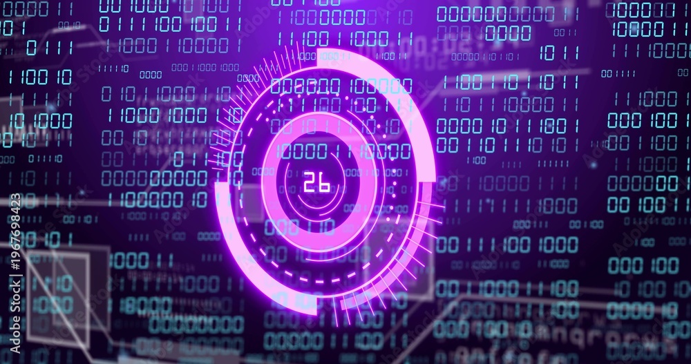 Naklejka premium Glowing futuristic circular HUD showing 26 on dashboard, with binary code columns and UI panels