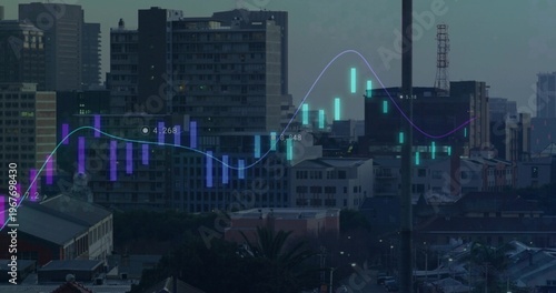 Showing translucent candlestick chart overlay across rooftop skyline at dusk, with trend line