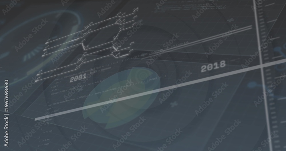 Obraz premium Displaying diagonal timeline 2001-2018 on dashboard, showing branching nodes and radar overlays