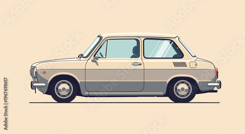 Minimalist illustration of a classic vintage compact car on a clean background.