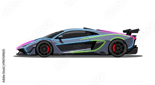 Futuristic sports car with vibrant neon lighting on a white background.