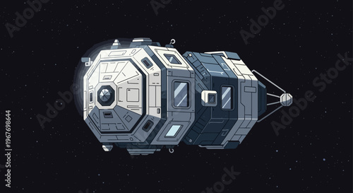 A modular space station floats in dark outer space among distant stars.