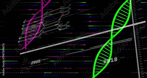Showing neon-green DNA helix on right in dark graphic, magenta helix, sequencing, copy space