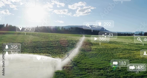 Pivot arm rotating and spraying after sprinkler starting, social icons grouping to show field reach