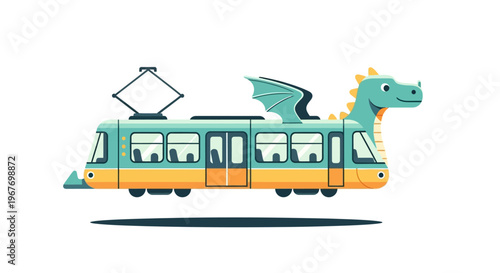 A friendly dragon tram, a whimsical fantasy vehicle, isolated on white.
