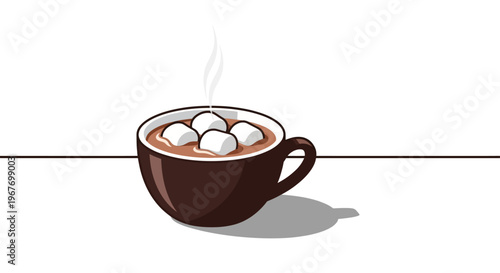 A warm mug of hot chocolate with steaming marshmallows.