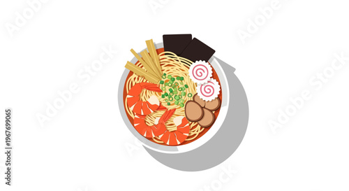 Delicious Japanese ramen noodle soup with shrimp and toppings