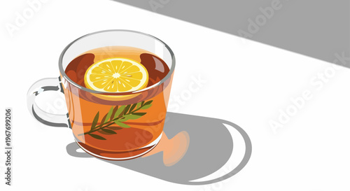 Glass mug with hot tea, lemon slice and herbal garnish