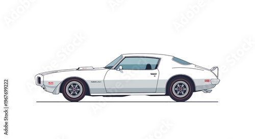 Illustration of a white classic muscle car with red racing stripes on wheels.