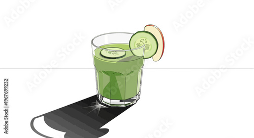 Refreshing green juice with cucumber and apple garnish on a clean white background.