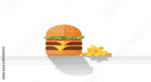 Delicious flat design cheeseburger and french fries illustration.