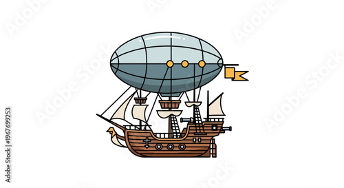 Whimsical Steampunk Airship Galleon Flying Across the Sky