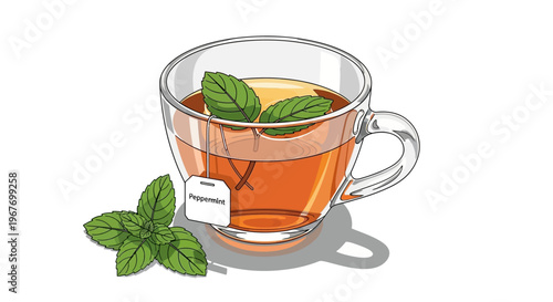 Peppermint tea in a clear glass cup with fresh mint leaves and a tea bag illustration.