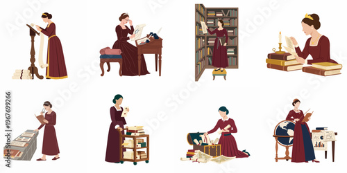 Flat illustration collection of historical women engaged in scholarly research, archival work, reading books, and studying maps in a vintage library setting.