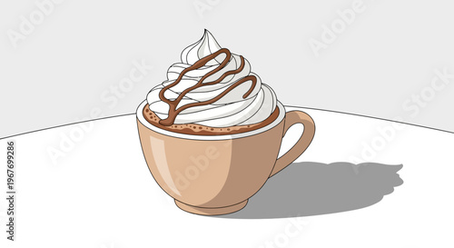 A delicious hot chocolate drink topped with whipped cream and chocolate drizzle.