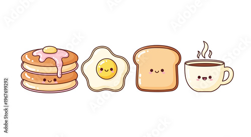 Cute Kawaii Food Illustrations Stack of Pancakes, Fried Egg, Toast, and Coffee Cup with Smiling Faces