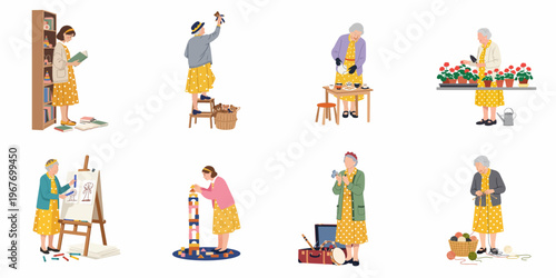 Vector collection of senior women and young girls engaged in various hobbies and leisure activities like gardening, reading, painting, and playing.