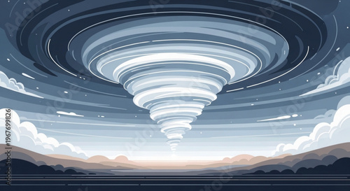 Large tornado descends from stormy sky over mountainous landscape with clouds