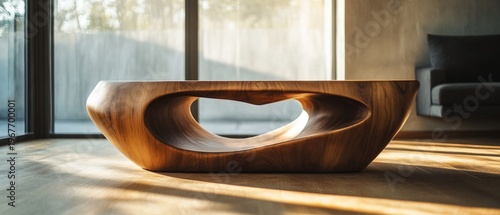 Modern wooden coffee table in sunlit interior
