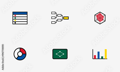 Hand-drawn collection of colorful infographic elements including tournament brackets, bar charts, and radar graphs for financial authentic illustration