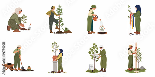 Diverse Women Engaging in Forestry and Reforestation Activities Vector Illustration Set