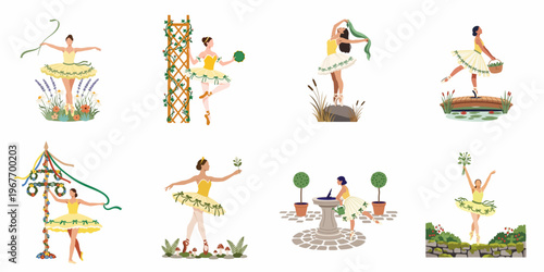 Collection of elegant ballerinas in yellow tutus dancing in various garden and nature-inspired settings, featuring wildflowers, ponds, and garden ornaments.