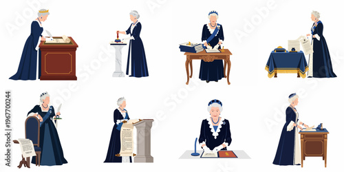 Illustration set of a queen character performing various official duties including signing treaties, sealing documents, and giving speeches isolated on white background.