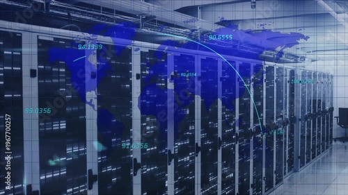 Blue map fading in over racks, starting telemetry and arcs expanding, showing global links