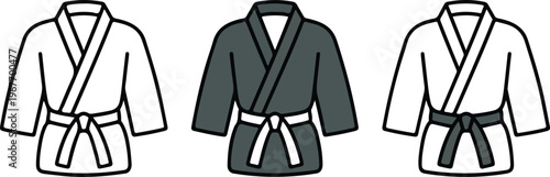 Minimalist vector set of karate gi uniform icons featuring outline silhouette and black flat color design styles for martial arts and sport projects.