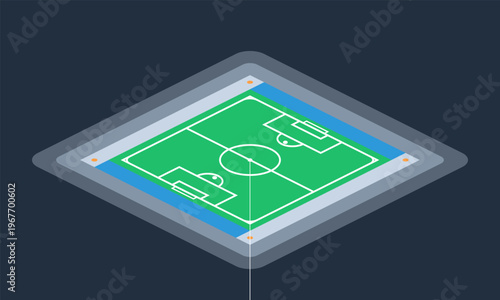 Hand-drawn isometric green soccer pitch with white lines inside minimalist stadium design for professional sports match authentic illustration