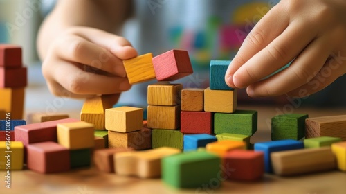 Child playing with colorful wooden blocks