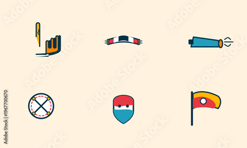 Hand-drawn collection of sports fan accessories including foam finger scarf vuvuzela mask drum and flag set authentic illustration