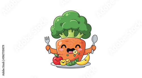 Happy Carrot Character Eating Healthy Food, Broccoli Head, Fruit Plate