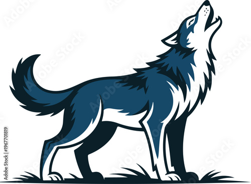 Stylized vector illustration of a howling wolf silhouette in blue and white colors for wilderness wildlife and predator mascot design projects.
