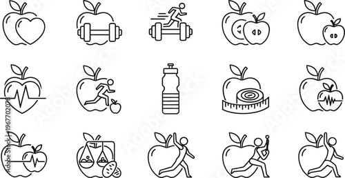 Healthy Lifestyle Apple Outline Icon Set with Fitness, Diet, Workout and Nutrition Concept Elements Collection Isolated on White Background