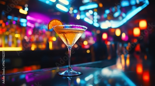 Cocktail in a bar with orange slice garnish