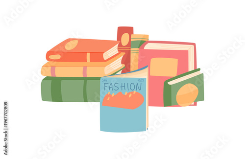 Colorful book composition in flat cartoon graphic style with fashion book as central gift. Neat stack of books and goods suggest donate action and share culture. Simple poster layout fits media, icon
