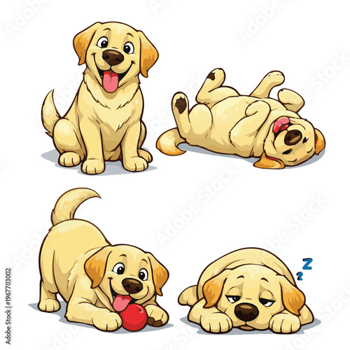 A cute vector collection of four dogs in different actions, biting a ball, sleeping sweetly, rolling playfully, and sitting with a joyful expression in an adorable style.