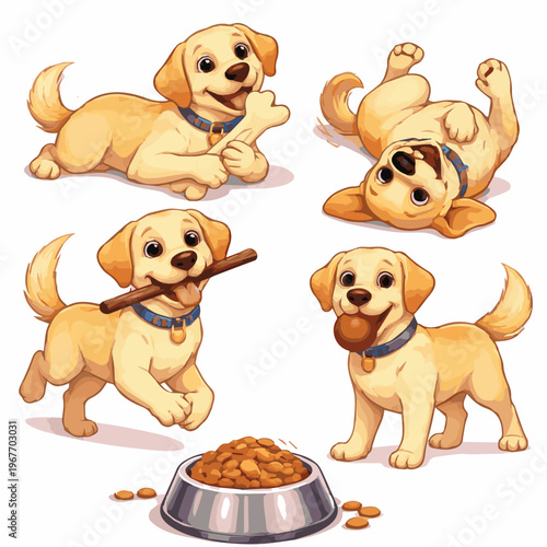A cute vector collection of four dogs in fun actions, biting wood, playing with a ball, chewing a bone, and rolling happily, with cheerful and adorable cartoon details.