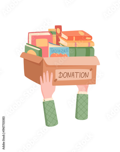 Flat style book support gift box. Hands give a charity container with book and goods as a warm donation. Simple white background for people care, community help and humanitarian share concept