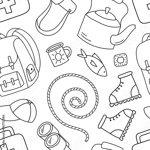 Seamless hand drawn camp adventure pattern in simple line doodle style. Travel with hiking bag, backpack and mug for contour equipment and outdoor design uses. Black white graphic.