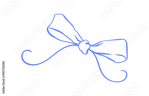 Whimsical vintage bow sketch in soft blue tone. Cute coquette knot icon and decorative bow line art for wedding or party invitation card. Hand drawn style with light retro feel and minimalist frame